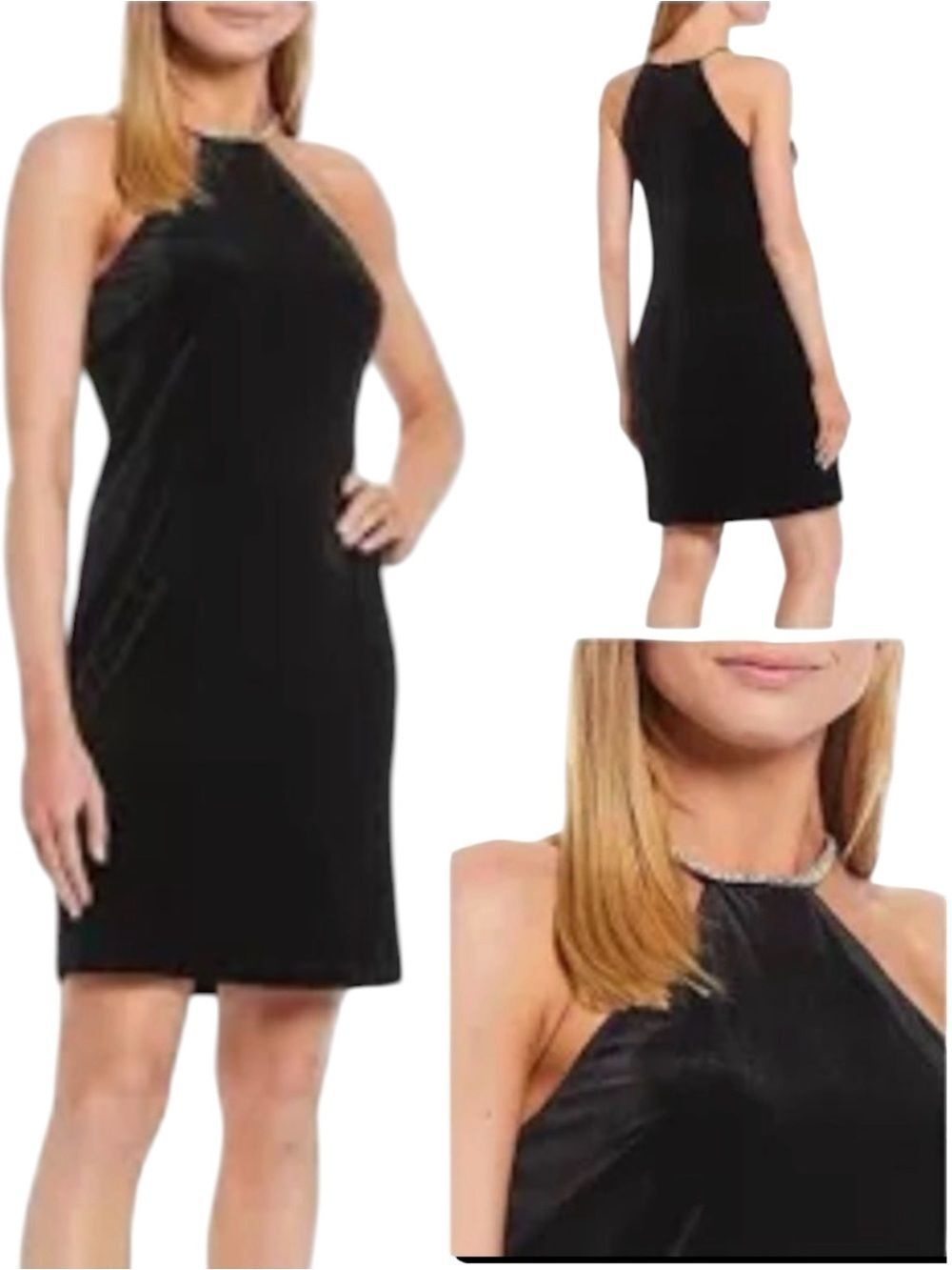 🟡 Alex Marie LARA Black Velvet Rhinestone Halter Dress LBD Size 22W